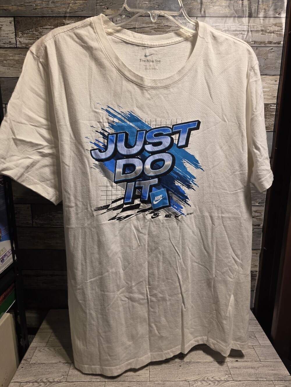 Nike White Short-Sleeve Tee with Blue 'Just Do It' Graphic